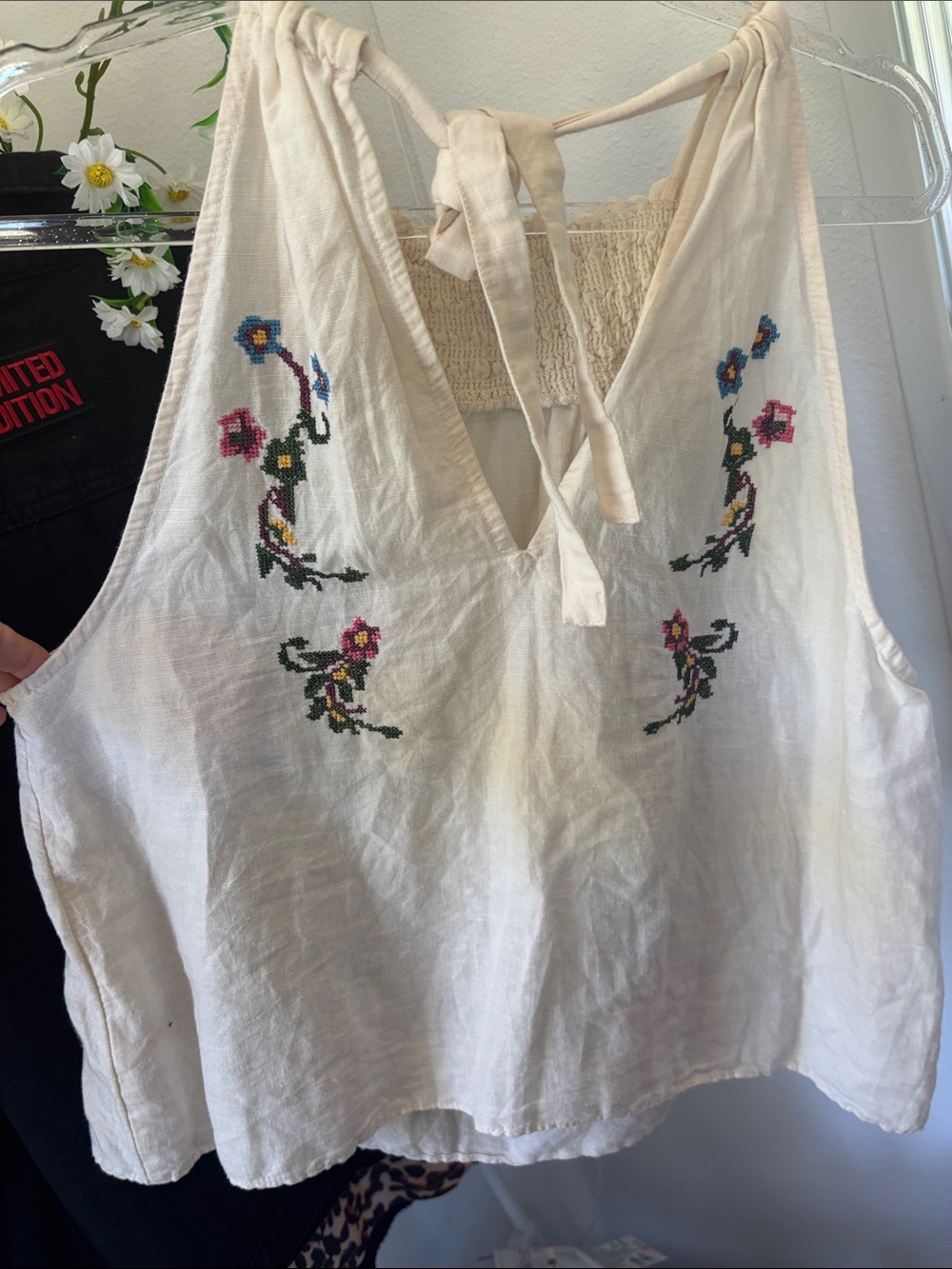 Free People Cream Halter Camisole with Pink Rose & Blue Embroidery - Picture 3 of 5